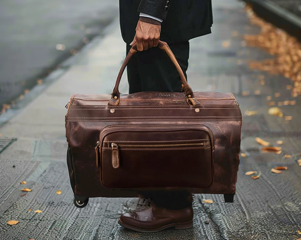 brown leather carry on bag